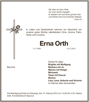 Traueranzeige von Erna Orth von Pegnitz-Zeitung